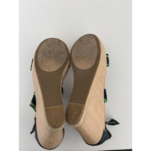 Tommy Hilfiger Sandals 10 Wedge Navy Green Striped Espadrille Preppy Nautical - Picture 11 of 16